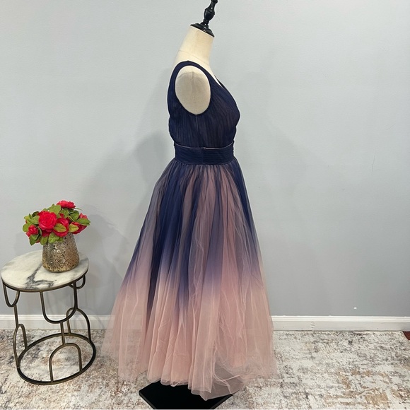 Mac Duggal 20403 Indigo Ombré Tulle Sleeveless V-Neck Midi Dress - Reemoly